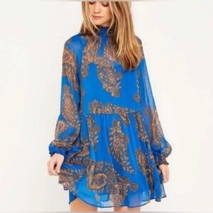 Free People Moonstruck Printed Mini Dress | Size XS | Cobalt Blue & Brown